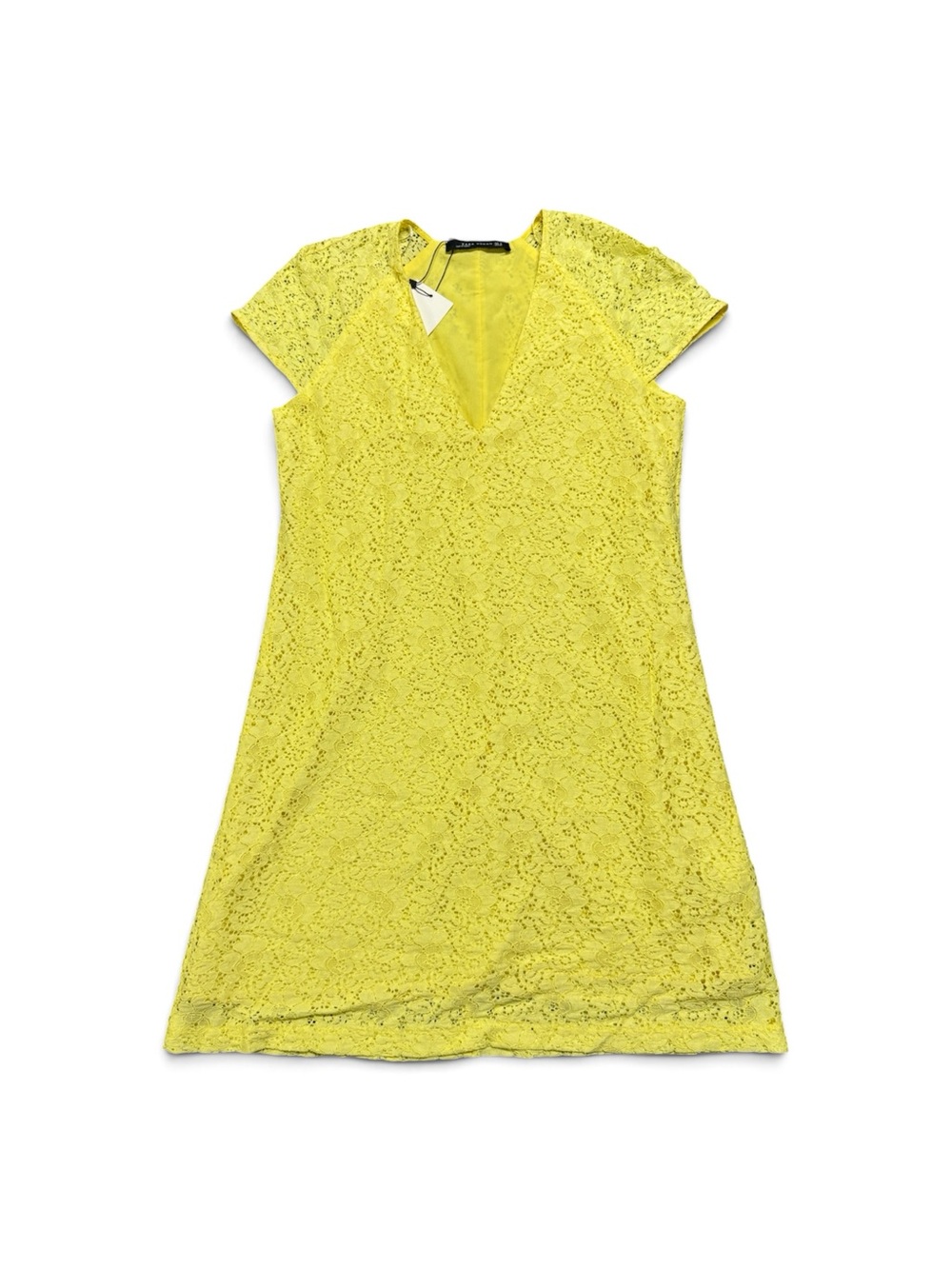 Zara Woman Yellow Lace Mini Dress V-Neck Short Sleeve Size M